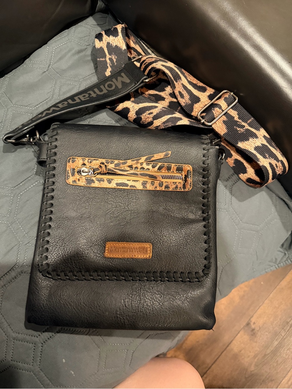Montana West Black Crossbody with Leopard-Print Trim and Strap